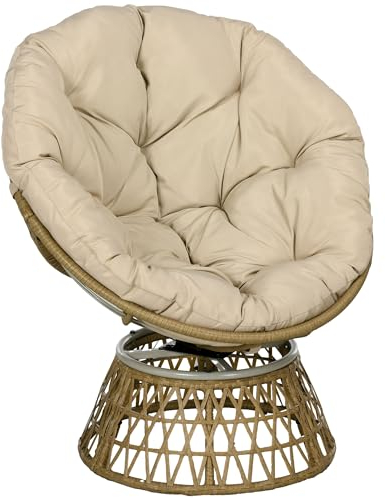 Outsunny Papasansessel Korbsessel Rattan Drehsessel mit Polster 360 Grad Verstellbare Fußstütze 85 x 70 x 82 cm Khaki