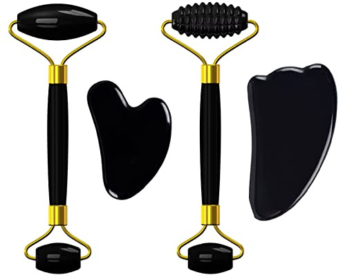 BIANMTSW Natürliche Obsidian-Gesichtsmaske, Gesichtspflege, Massagerolle, Gua-Sha-Brett, schwarzer Kristall, 6-in-1-Set Voller Textur (Color : 4in1 Set)