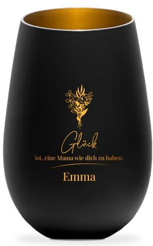Geschenkfreude Windlicht mit Gravur personalisiert - Muttertag Mama | 8,5x6,3x12cm, Teelichter mit Namen, Geschenkideen für die Mutter, Muttertagsgeschenke Beste Mama, Teelichtglas schwarz Gold