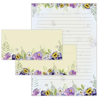 Briefpapier-Set Natur Veilchen Blumen pastell Briefblock mit Umschlag für Kinder Erwachsene Geschenk (Block A4 mit 25 Blätter + 15 Umschläge DIN Lang)