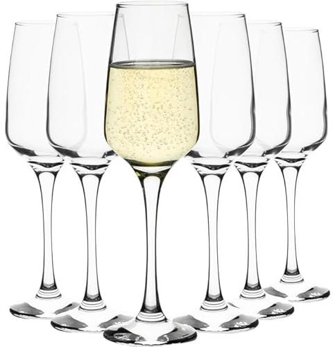 Set da 6 Flute in Vetro Trasparente, calici da 230 ml, Bicchieri da Prosecco per Feste e Cerimonie, Calici da Spumante Champagne con Stelo Lungo e Sottile