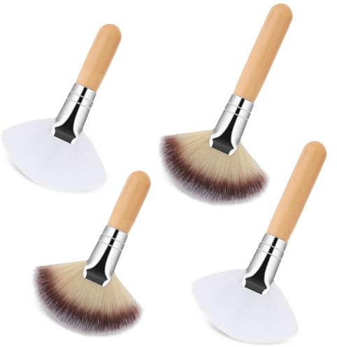 Thinp 4 Pcs Facial Brushes Esthetician Fluffy Fan Brushes Face Soft Bristle Highlighting Blush with Long and Short Handle for Women Girls Loose Powder Blush