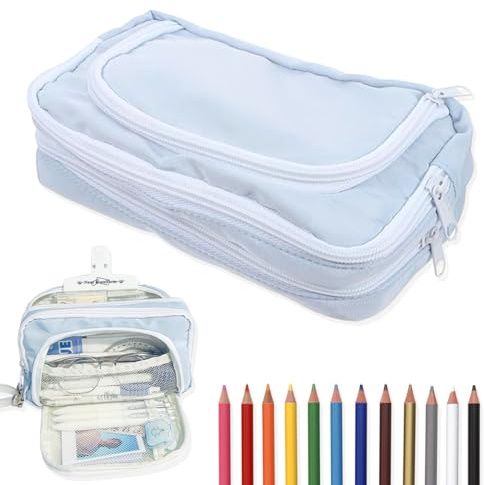 QOWUXHZ 1 Stück Mäppchen Federmäppchen Mäppchen Mit 3 Fächer Federtasche Große Kapazität Federmappe Mädchen Junge Teenager Erwachsene Schlamppermäppchen Pencil Case Mit Tragegriff Für Schule Büro Blau