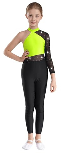 Fldy Kinder Ganzkörper Turnanzug Mädchen Ein-Langarm Gymnastikbody Glitzer Mesh Patchwork Ballett Trikot Tanz Overall Mit Strass Neongelb 134-140
