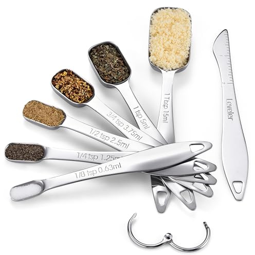 U-Taste Mätskedar i 18/8 Rostfritt Stål, Fyrkantig (Set om 7, silver) | Metallsked, med Utjämnare för Torra eller Flytande Ingredienser, Lämplig för Kryddburkar