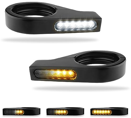 TSUNG Motorcycle Fork Mounted LED Turn Signals 39-41mm Switchback Sequential Amber Light with Bracket Indicater for Cruiser, Street Bike & Touring Motorcycles (Black Amber&White)