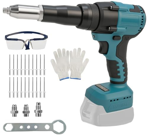 LIROPAU Akku Nietzange Kompatibel mit Makita 18V, Bürstenlose Elektrische Nietzange mit LED-Licht, 20 Nieten, Brille, Handschuhe,Schraubenschlüssel und 3 Adaptern(3,2/4,0/4,8 mm)(ohne Akku)