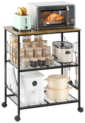 Toutrop Rolling Kitchen Microwave Cart with Wheels, 3 Tier Microwave Storage Cart with Adjustable Shelves, Coffee Table, Utility Cart for Kitchen, Living Room, Office, Laundry Room