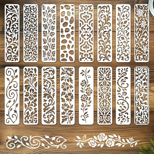 INFUNLY 16 Stück Botanische Spitzen Wandschablone Zum Malen 3×11.8 Wiederverwendbare Wandschablonen Blumenrand Malen Schablone Kleine Vintage Kunst Wandvorlage Für Basteln Zement Holzmöbel Wohnkultur