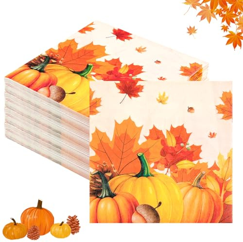 Lot de 40 serviettes d'automne 33 x 33 cm, décoration de table avec citrouille et feuilles d'érable, jetables, accessoires de fête, conviennent pour l'automne, les fêtes de récolte, les anniversaires