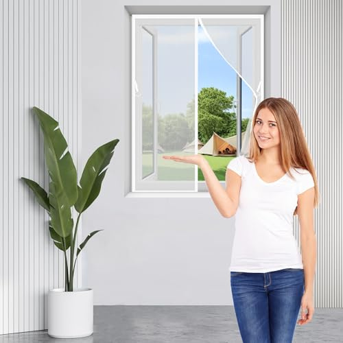 Mosquitera Magnética 205 x 113 cm Mosquitera Ventana Ajustable Malla Fina Mantiene Insectos Fuera con Cinta de Gancho No Es Necesario Taladrar, Blanco