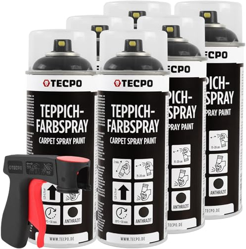 TECPO Spray de pintura para alfombras, 6 x 400 ml, color antracita, spray para alfombras, con pistola pulverizadora para alfombrillas de coche, alfombrillas de techo, tela, goma, plástico, tratamiento