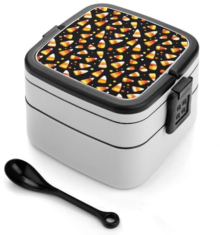 TZTTZT Caja bento con estampado de maíz y caramelo de Halloween, bonita lonchera para adultos, mujeres y hombres, recipiente pequeño para ensalada para almuerzo, reutilizable, doble almuerzo, apilable