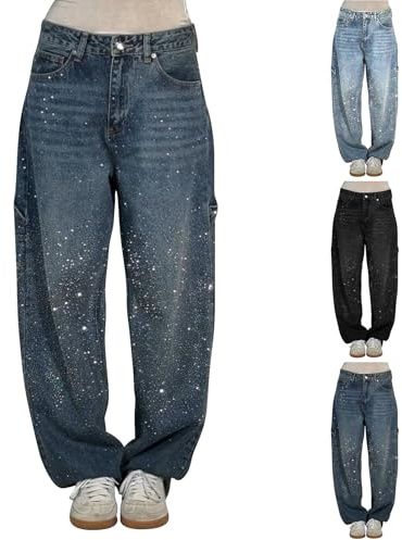 Jeans Donna Vita Alta Gamba Larga Curvy Larghi Brillantini Pantaloni in Denim Baggy Comodi Casual Jeans con Strass Glitter Vintage Eleganti con Tasche Pantalone Elasticizzati Classico Moda Streetwear