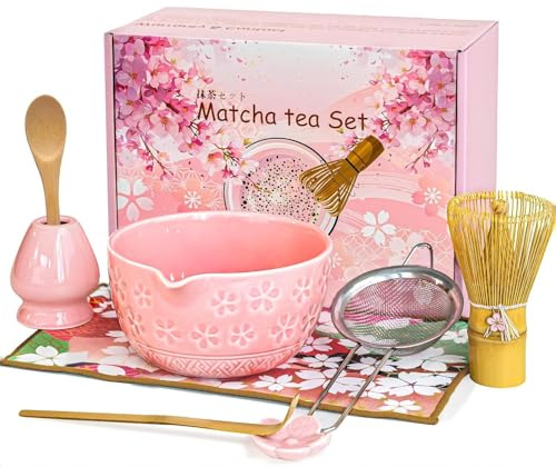 Matcha-set – 8 stycken Matcha-kvast teset, matcha-skål med hällare, bambu matcha-whisk, spade, sil, matcha kvasthållare, matcha startset tillbehör med tehandduk (8, rosa)