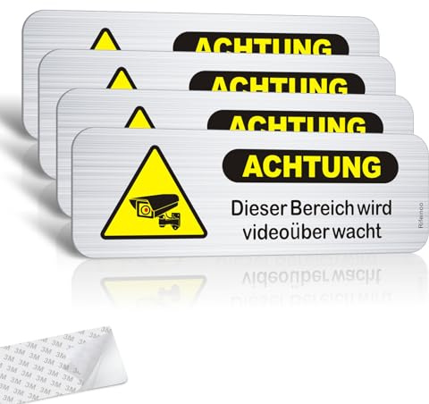 4 Stück Schild Videoüberwachung Selbstklebend, 150 * 50mm Klein Achtung Videoüberwachung Schilder,Hinweisschild Kamera Überwachung Schild Aluminium Alu,für Innen- und Außeneinsatz