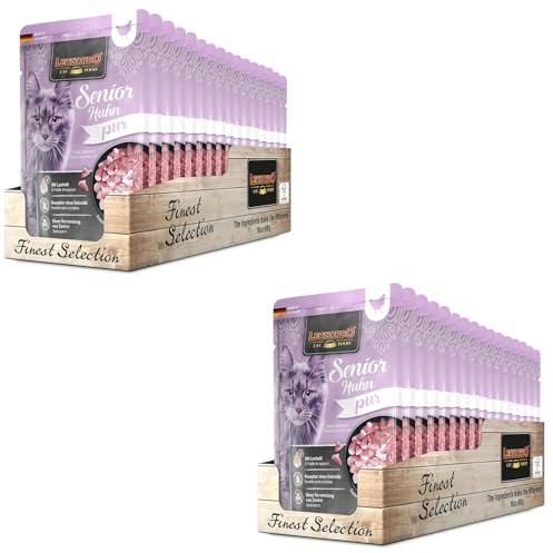 Leonardo Finest Selection Senior Huhn pur | Doppelpack | 2 x 16 x 85 g | Nassfutter für ältere Katzen | Lachsöl für seidiges Fell | Rezeptur ohne Getreide und Zucker | Mit Kürbis