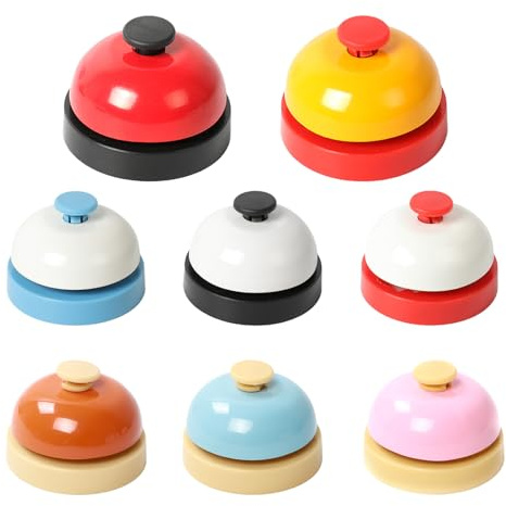 GOMETY Set di 8 campanelli da tavolo in metallo, campanella a mano, campanello per gatti, campanello per animali domestici, campanello da reception per ristorante, hotel, bar, cucina