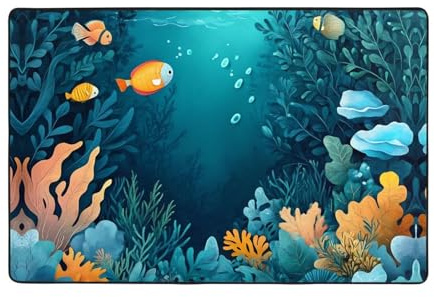 WZYWHJ Rutschfeste Bodenmatte, Teppich, Fisch-Illustration, Muster, weich und bequem, gute Wasseraufnahme, Größe für Wohnzimmer und Balkon