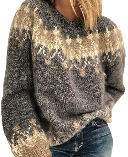 Generisch Pull norvégien pure laine pour femme Pull d'hiver surdimensionné à manches longues Grande taille Col rond Pull tricoté avec motif norvégien élégant Pull d'hiver confortable pour femme, gris