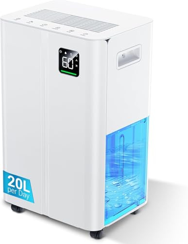 20L/day Dehumidifier with Humidity Sensor & Display and 24-Hour Timer, 3 Dehumidification Modes, Suitable Bedrooms, Office, Basements, Continuous Draining, White - Upgraded