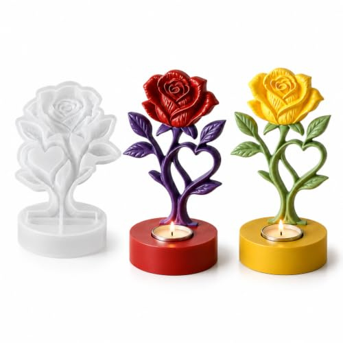 EPODA 3D Rosen-Kerzenhalter Silikonform, Gießform für Beton und Resin | Mit Sockel, Gipsform zum Gießen für Beton, Epoxidharz und Resin, ideal für Frühlingsdeko, Tischdeko und DIY-Kerzenhalter