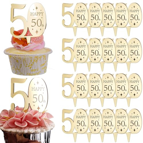 AiQi Bakes Happy 50th Numbers Acrylic Birthday Cupcake Toppers, 10Pcs | Gold Mirror Cake Decorations, 5.4 x 6.6 cm, Birthday and Anniversary Party Suppliers