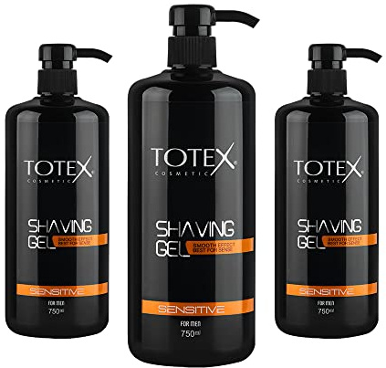 Totex Shaving Gel Sensitive Skin 750ml Pack of 3 – Cooling Shave Gel with Pump, Transparent Formula for Smooth Shave, Anti-Irritation Care for Men & Women, Face, Body & Bikini Line Grooming