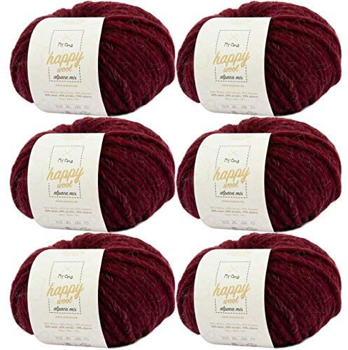 Alapakawolle zum Stricken - 6x Happy Wool alpaca mix kaminrot (Fb 41) - 6 Knäuel Wolle dunkelrot + GRATIS Label; Wolle mit Alpaka; 50g/80m; Nadelstärke 7-8mm; Mischwolle zum Stricken; Wolle stricken