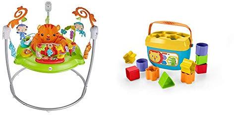 Fisher-Price Saltador animalitos de la selva, para bebé +1 año (Mattel CHM91) + - Bloques Infantiles, Juguete Bloques Construcción para Bebé +6 Meses (Mattel FFC84)