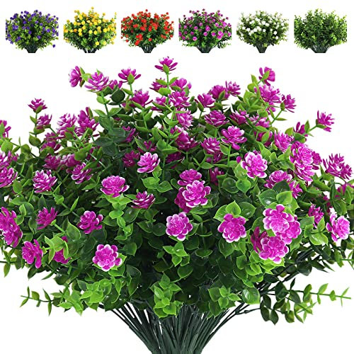 RECUTMS 8 Pcs Artificial Lavender Flower, Fake Lavender Plant UV Resistant Durable Plastic Faux Flower Bouquet for Party Garden Patio Home Decoration Wedding (Fuchsia, Lotus)