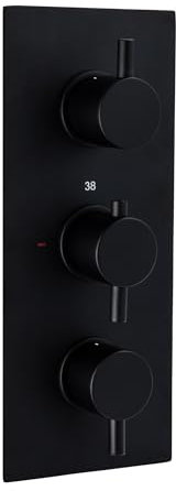 ENKI, Naples, TSV026, Concealed Thermostatic Triple Diverter Shower Mixer Valve with Three Outlets, Round Handles, Modern Bathrooms, Constant Temperature, Matt Black