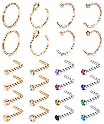 D.Bella Nasenpiercing Set Nasenring Chirurgenstahl L Förmig Nasenstecker Nase Stecker mit Strass Nase Piercing Schmuck 24Stk Silber/Roségold