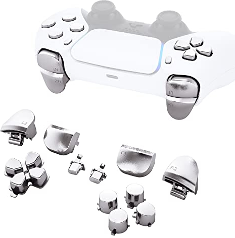 eXtremeRate Ersatz-D-Pad R1 L1 R2 L2 Trigger Share Options Face Buttons, Chrom Silber Voll Set Tasten Kompatibel mit PS5 Controller BDM-010 & BDM-020