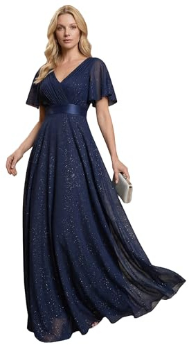 Ever-Pretty Women's Summer Glitter Formal Dresses Evening Gown V Neck Short Sleeves A-Line Floor Length Mother of Bride Dress Navy Blue US14