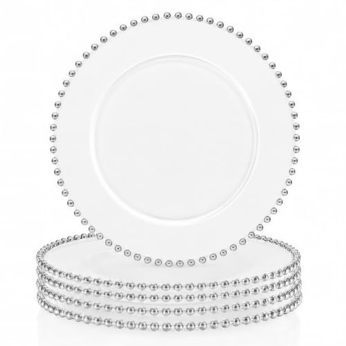 Trimming Shop Dekorative Glasplatten für Partys, Silberne Perlen-Design Glasplatten für Esstischdekoration, Geschirr, Catering-Events, 33 cm, Transparent, 6 Stück