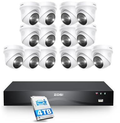 ZOSI 4K Outdoor PoE CCTV Camera System, 14pcs 8MP PoE IP Security Cameras | 16ports 32CH Expandable 4K NVR and 4TB HDD, Dual-Disk Backup, 2-Way Talk, Person Vehicle Detection, Color Night Vision, IP66