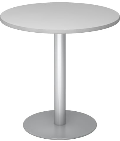 bümö Besprechungstisch, Esstisch klein, Tisch rund 80x80 cm in grau, Gestell: Silber - Kleiner Rundtisch für 2 Personen mit Holz-Platte, Säule aus Metall, Konferenztisch, Bistrotisch