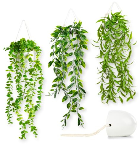 PASCH® Juego de 3 plantas artificiales en jarrones de pared de cerámica blanca | Pequeña planta colgante artificial (15 cm), incluye clavos para colgar, jarrón de pared con suculentas artificiales,