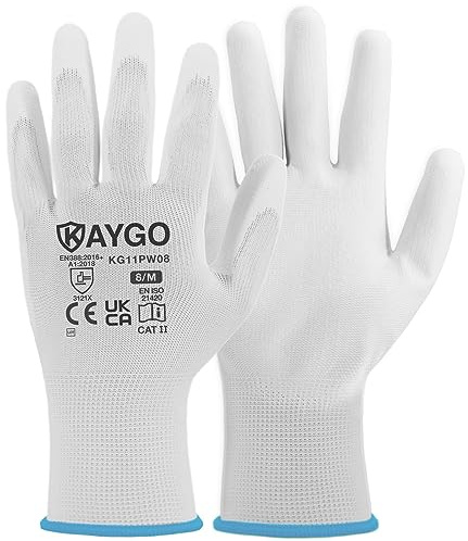 KAYGO 12 paires de gants de travail pour hommes et femmes, gants de protection enduits de PU, poignée antidérapante sur les paumes et les doigts, adaptés aux travaux généraux (Blanc, taille 8)