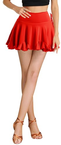ELLYDOOR Minigonna da Donna per Danza Latina, Salsa, Rumba e Salsa, Costume da Skater, Gonna con Volant, Gonna Swing con Pantaloncini, Rosso, S