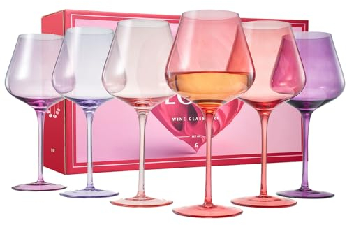 Khen Valentine's Day Gift Colors of Love Crystal Pink & Red Wine Glasses Set – 6 Elegant Italian Style Tall Stemmed 24oz Glassware for Everyday, Anniversaries, Weddings, Gifts for Wife, Friends.