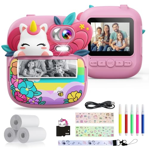 TIATUA Appareil Photo Instantané Enfant, 2,4 Écran 1080P HD Appareil Photo Numérique Enfant avec Carte 32GB et Papier Photo Imprimé, Stylos Colorés, Cadeau pour Filles Garçons 3-12 Ans