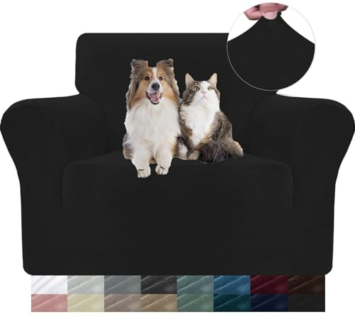 YSTELLAA Samt Sofa Überzug 1 Sitzer, Stretch Sesselhusse Universal, Sofaschoner rutschfest, Sofa Covers Mit Armlehne, Couch Bezug Schutz Katze, Waschbare Couchschoner, Schwarz