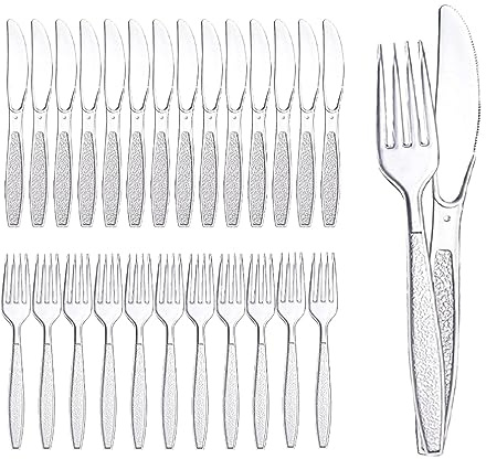Heavy Duty Reusable Plastic Cutlery Set, 200 PCS - 100 Forks 100 Knives, Transparent