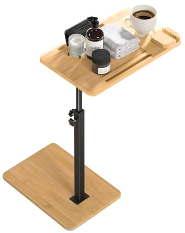 Fuyoula Comodino in Stile Industriale, Tavolino da Letto,Altezza regolabile, Vassoio per Vasca da Bagno Bambù, Salvaspazio, Comodino, 43~78 * 40 * 25cm