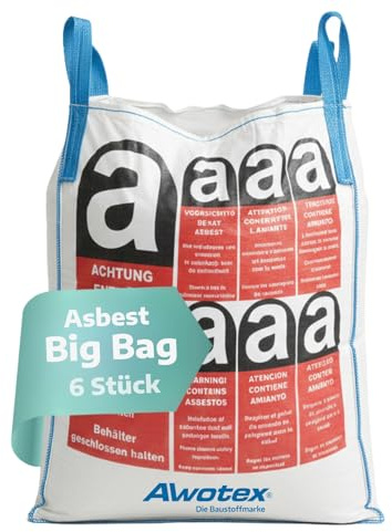 AWOTEX Big Bag 90 x 90 x 110 cm I Beschichteter Asbest Sack Mit Aufdruck 6 Stück I Für Asbestplatten Mit Geschlossenem Boden I Mit Schürze SWL 1000 kg