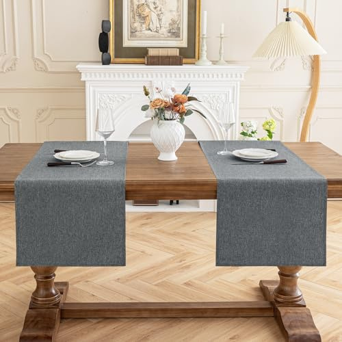 AooHome Tischläufer Grau 40X140cm(2 Stück), Tischdeko Leinen-Optik Abwaschbar Tischband aus Polyester Wasserabweisend mit Lotuseffekt, Dauerhaft Kratzfest für Esszimmer Hochzeiten Party Weihnachten