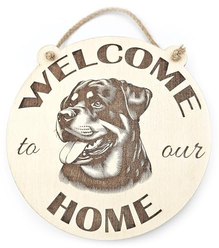 Welcome to our home Rottweiler Plaques For Hanging Wall Door Porch Indoors Lovers Decor Gift For Pet Dog Owners Birthday Christmas Present Ideas | Wooden Rottweiler Signs
