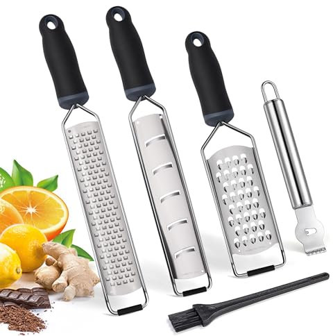 ALLWIN-HOUSEWARE Cheese Grater Zester Set of 5, 304 Stainless Steel with TPE Handle Kitchen Grater & Peeler & Slicer for Cheese, Lemon, Ginger, Garlic, Nutmeg, Fruits, Vegetables, Chocolate